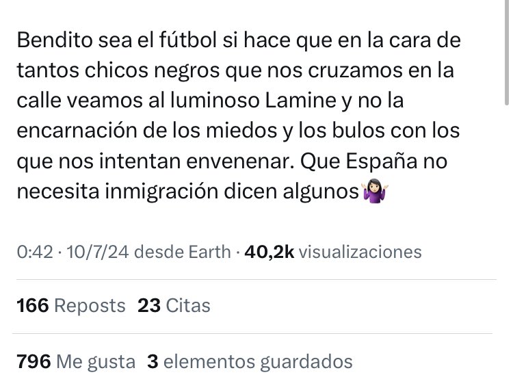 rpr3z's tweet photo. Está siendo espectacular lo de estos días después de cada victoria de España. De repente Yamal es un mena, un inmigrante, una historia de superación, llegó en patera, salvó a un niño en un incendio, y es exactamente igual a cualquier chico negro que se vea por la calle. https://t.co/AFRiPWM1fT