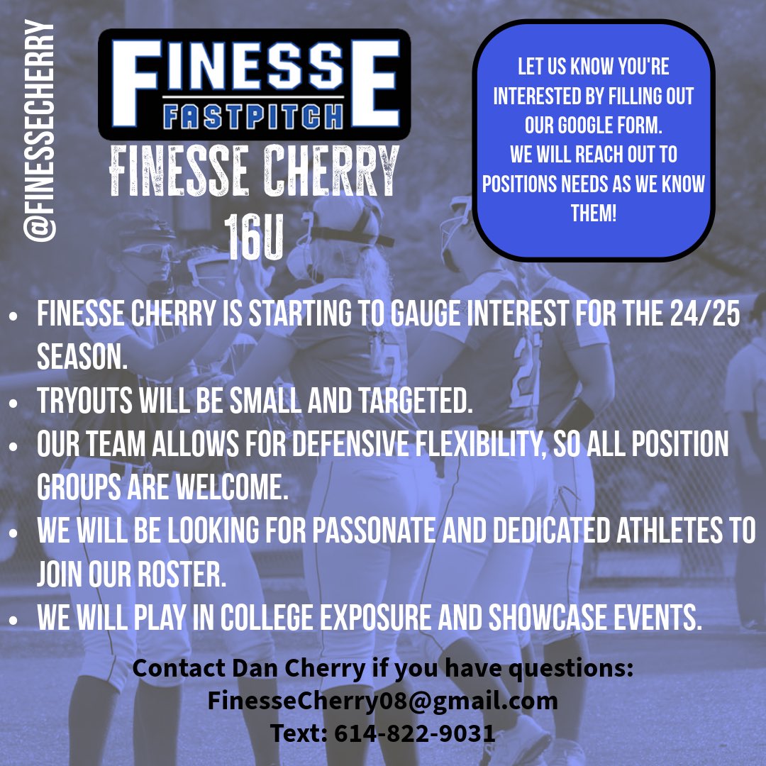 Finesse Cherry 16u, based out of Central Ohio, will be looking for a few talented ladies to join us for the 2024-2025 season.  
Finesse Fastpitch
forms.gle/yWedXLcF8VJ2ob…