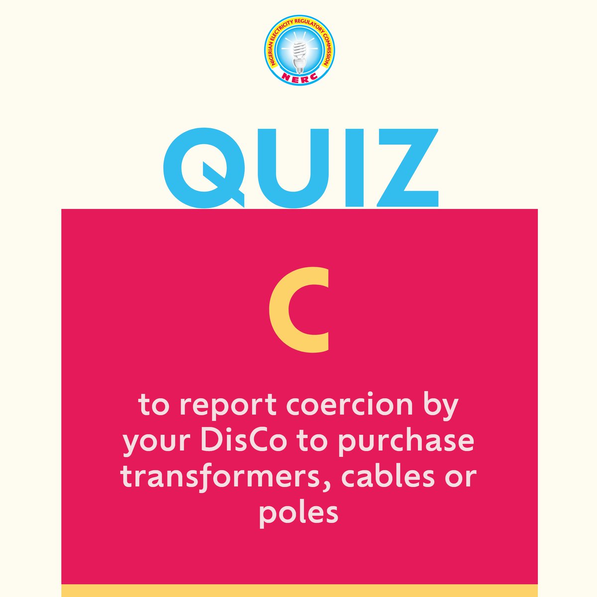 It's Quiz time. Do you know when you should use this dedicated email address: idn@nerc.gov.ng?

Post your answer in the comments.

#NERC #NESI #electricity #QuizChallenge #QuizTime #quiz