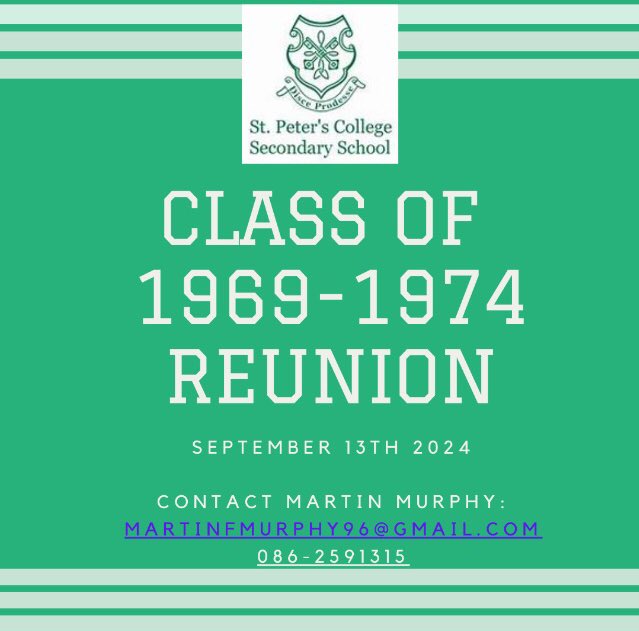 Geener14's tweet photo. Organizing a reunion in September for the St Peter’s College, Wexford Class of 1974. Please share with any alumni or get in touch with me directly below. #classof74 #stpeters @StPetersWexford @FL_SPC @Wexford_People @newrossstandard @SouthEastRadio https://t.co/dJxSr63iu3