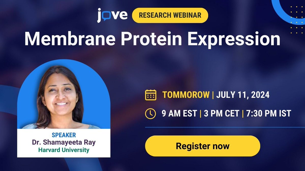 JoVEJournal's tweet photo. JoVE’s webinar on 'Membrane Protein Expression' is tomorrow. Don’t forget to mark your calendar!

Date: July 11th, 2024
Time: 9:00 AM EST (2:00 PM CET, 6:30 PM IST)

Register now if you haven't already! 
https://t.co/kjY7BNHyUv

#JoVEwebinar #Biology #DrugDevelopment https://t.co/hzAWVO88tt