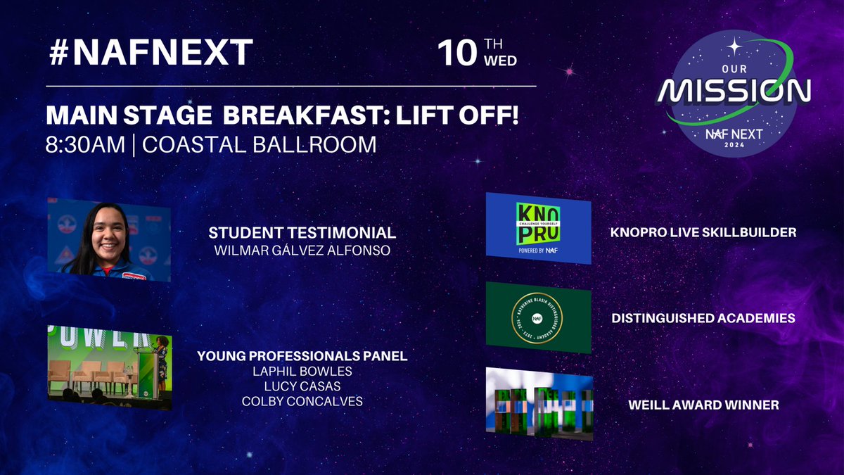 NAFCareerAcads's tweet photo. We're ready for lift off! ๐ Join us for todayโs Mainstage Breakfast in the Coastal Ballroom at 8:30AM feat. Student Speaker Wilmar Gรกlvez Alfonso, Young Professionals Panel, #KnoPro Live Skillbuilder, our newly Distinguished Academies celebration, & Weill award winner! #NAFNext https://t.co/ANK9S619q4