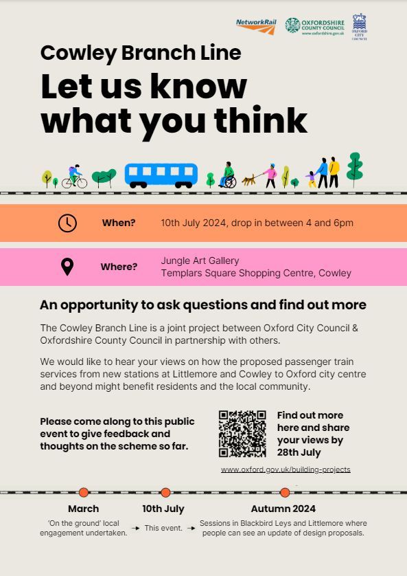 ⏰ Reminder: HAPPENING TODAY!

Between 4-6pm today, you can drop in to see the plans, ask questions and share your views for the proposed new rail stations in Cowley and Littlmore. 

📍Jungle Art Gallery inside Templars Square shopping centre