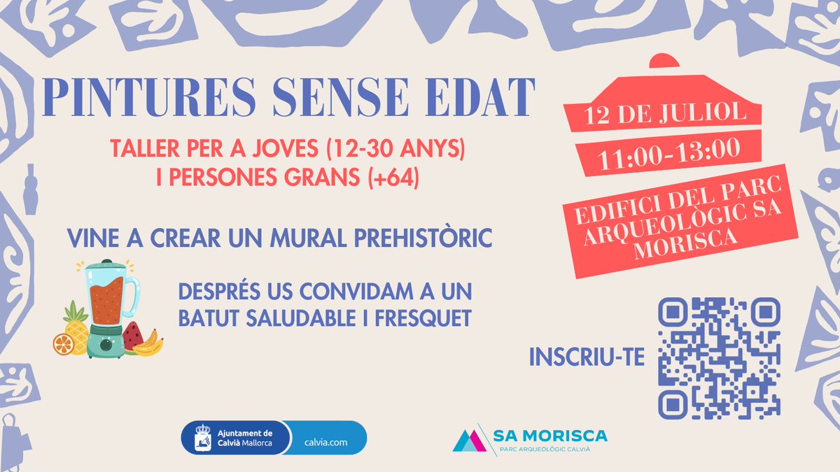 _Calvia's tweet photo. Pintures sense edat🎨
👦Joves (12-30) i 👵grans (+64) estau convidats a descobrir l'#artprehistòric i crear junts un mural
🥤 En acabar, un batut refrescant!
📅 12/07
⏰ 11-13 h
📍 @parcsamorisca
🔴De franc
📋 https://t.co/X37GQVvQLh
➕https://t.co/RHLNTT524V
#senseedat https://t.co/RwYI1KCDaO