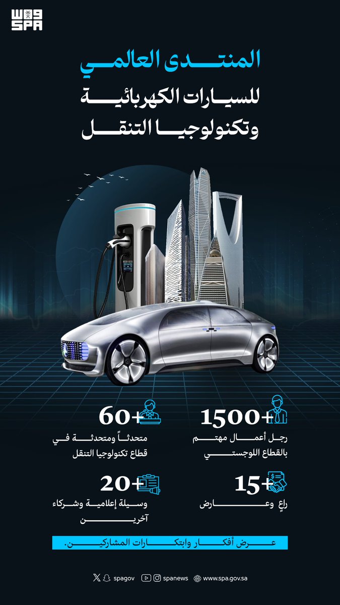 SPAregions's tweet image. #انفوجرافيك_واس | المنتدى العالمي للسيارات الكهربائية.. انطلاقة نحو تنقل ذكي وحلول لوجستية عالمية.
#gemtech 
#واس_عام