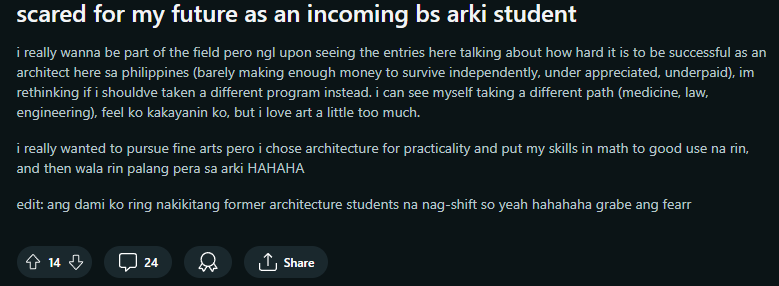 ruthabnza's tweet photo. Lately, tambay na ako sa reddit becoz doon nalang din yata ako natutuwa tapos sumali ako sa isang forum for arki ph. Sobrang nakakapanlumo naman mag-arki sa bansang 'to hahaha ang dami don hindi tinuloy yung degree nila and settled for jobs na mas financially stable. 

ctto https://t.co/zzCLZ4a2fu