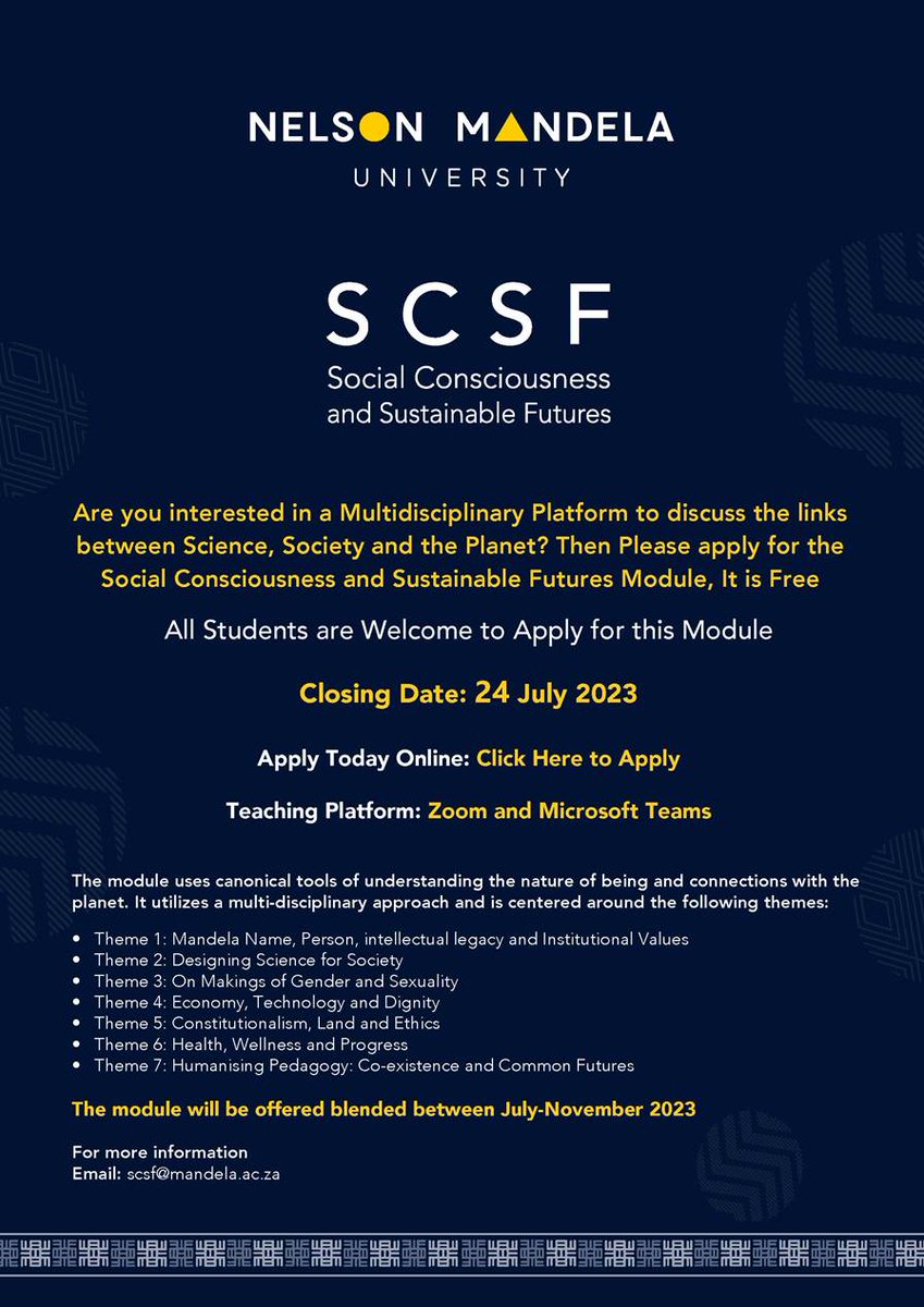MandelaUni's tweet photo. Apply for the Social Consciousness and Sustainable Futures module at Nelson Mandela University! Born from #FeesMustFall &amp; #RhodesMustFall, this module offers a humanized, disruptive learning experience with critical thinkers and experts.

Apply now: https://t.co/ZefTVW2BxM https://t.co/ll2jDQiwrL
