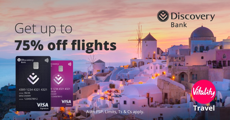 Discovery_SA's tweet photo. Get up to 75% off flights with #DiscoveryBestBank and get ready to relax in style.