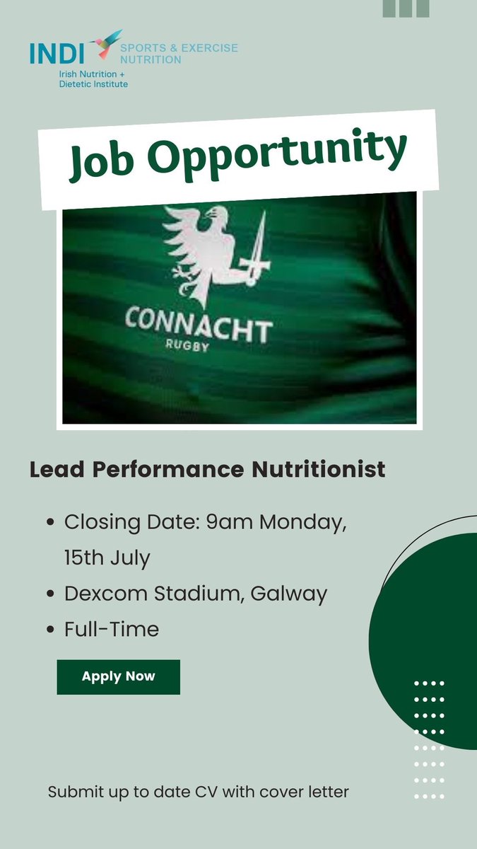 Job Opportunity🚨Lead Performance Nutritionist at Connacht Rugby- Full Time

Closing date: 9am Monday July 15th

For further details please see: connachtrugby.ie/jobs/