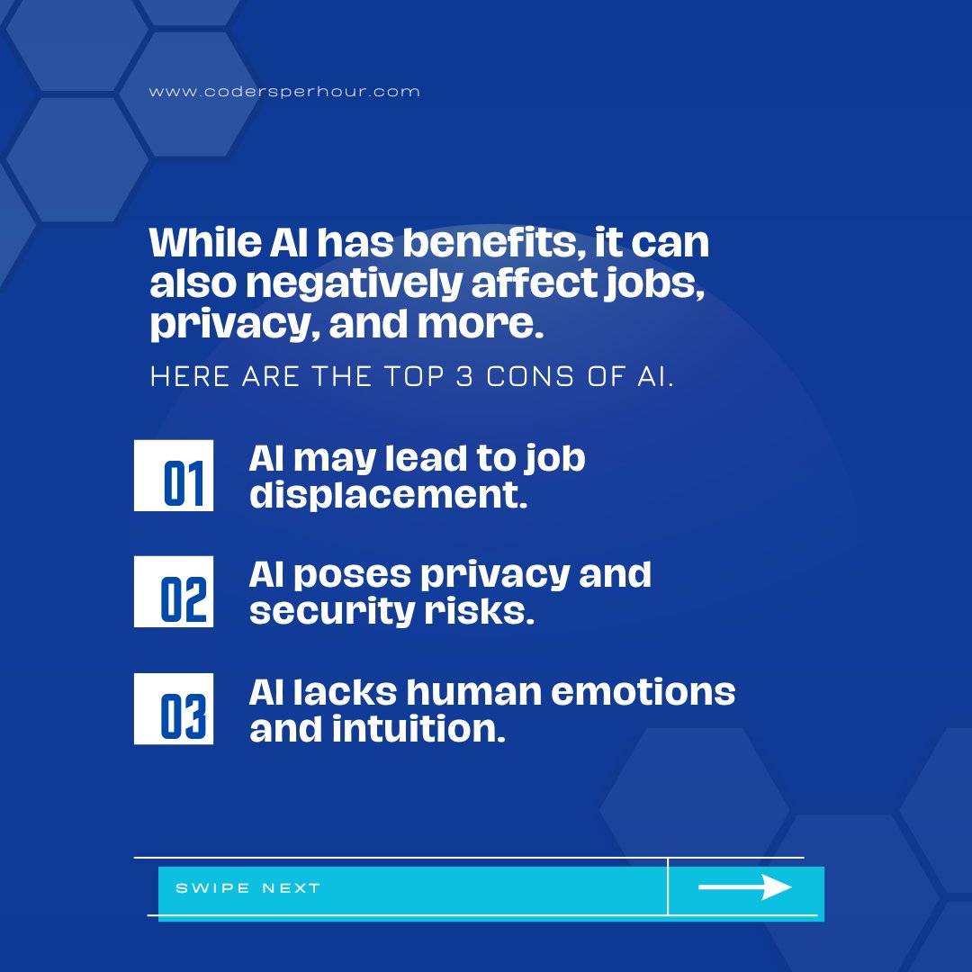 codersperhour's tweet photo. AI: A double-edged sword? Swipe to see the pros and cons of this powerful technology. 

#AI #MachineLearning #TheFutureIsNow #ArtificialIntelligence #ResponsibleAI #TechTalk https://t.co/1p1JqlBbI9