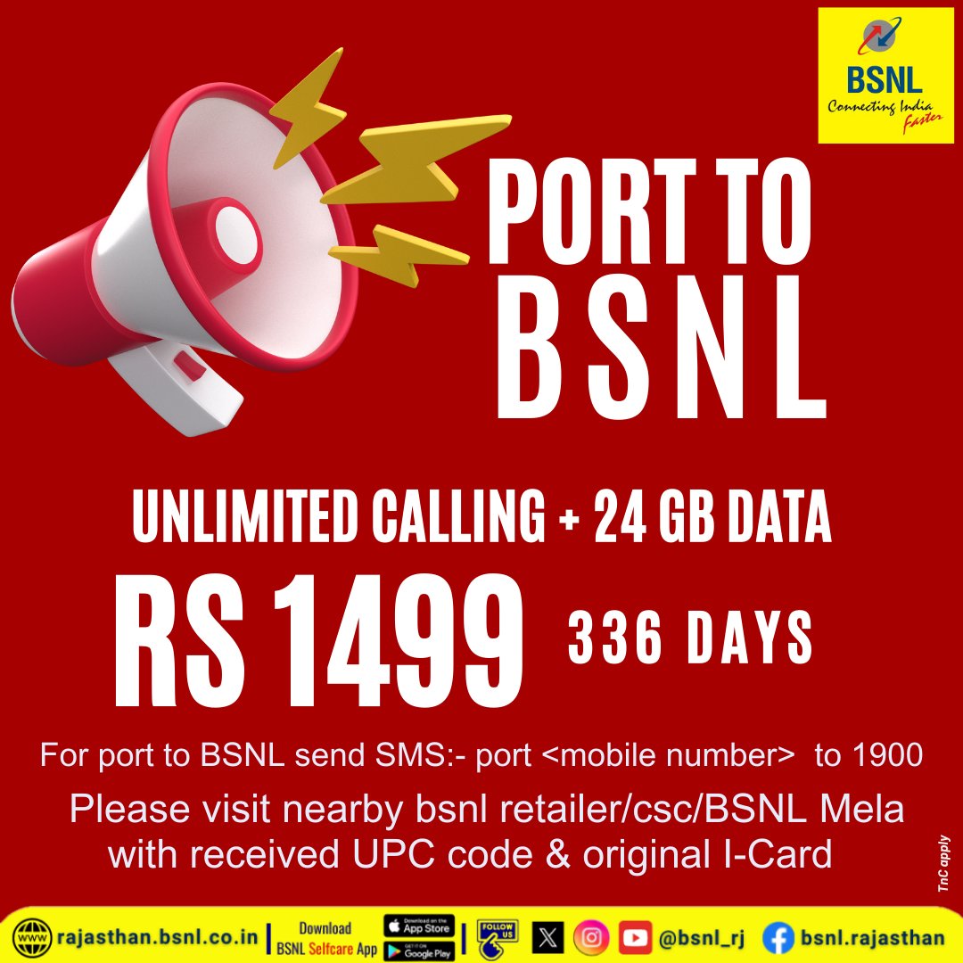 #PortToBSNL and experience truly affordable &amp; reliable connectivity. Unlimited calling &amp; 24 GB data for 336 days in just Rs 1499/-
#BSNL #BSNLNetwork #StayConnected #Switch_To_BSNL #Port_in_BSNL #SwitchToBSNL