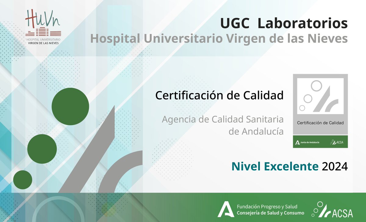 calidadACSA's tweet photo. @hospital_hvn Y finalmente damos la enhorabuena a la UGC Laboratorios del @hospital_hvn, que ha obtenido el nivel `Excelente´ 🎖️🎖️🎖️ de #calidadACSA al finalizar su proceso de #certificación. https://t.co/sIEBSf8GJE