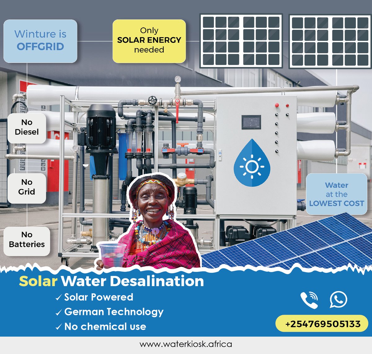 Winture desalination systems are capable of delivering high quality Hygiene Drinking, Irrigation, Fish Farm and Sanitation Water from any kind of high saline or polluted water resources.
For enquiries contact us on: 0769505133 

#waterkiosk #desalination #hygienedrinkingwater