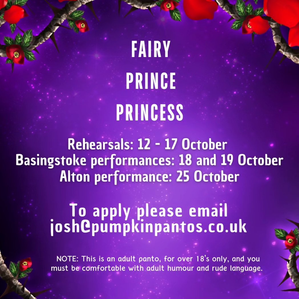 📢 WE ARE CASTING ‼️

Could you be our... 
Flirtatious fairy? 🧚🏻‍♂️
Prince on the pull? 🤴🏻
Princess in peril of a sharp prick? 🪡🧵

For more information and to express your interest, please email josh@pumpkinpantos.co.uk 

#adultpanto #panto #casting #pantocasting #castingcall