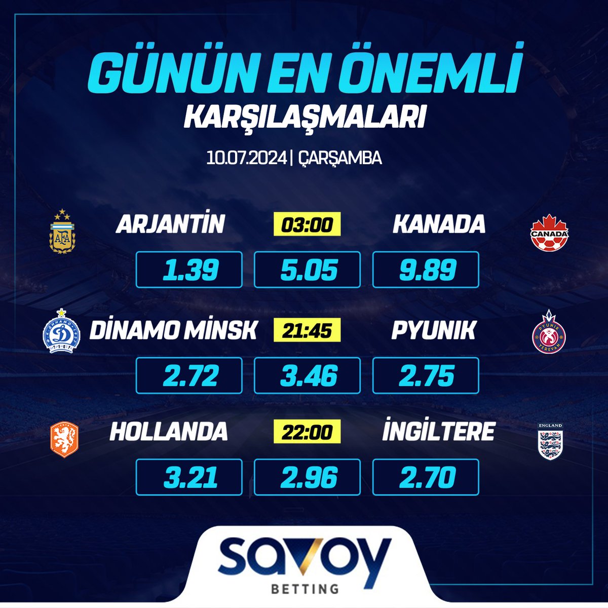 savoybettingx's tweet image. 💎 Günün En Önemli Karşılaşmaları #Savoybetting'te..!

🔷 21:45| #DinamoMinsk 🆚 #Pyunik
🔷 22:00| #Hollanda 🆚 #İngiltere

⚡️  Kıyaslanamaz bonus çeşitliliğinde kazancınızı garantileyeceğiniz tek adres;
🔗  savoysosyalgiris.com/gir