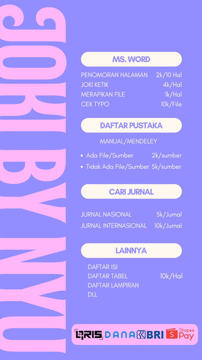 nyuusworld_id's tweet photo. Update Harga #JokibyNyuu ‼️

o Joki Ms. Word (penomoran halaman, jasa ketik, merapikan file, cek typo)

o Buat daftar pustaka Manual/Mendeley

o Cari jurnal indo/inter

o Buat daftar isi, tabel, lampiran, gambar, dll

#jokitugas #zonauang #zonaba #jokitugasmurah #jokitugaskuliah https://t.co/m5KHCS4As6