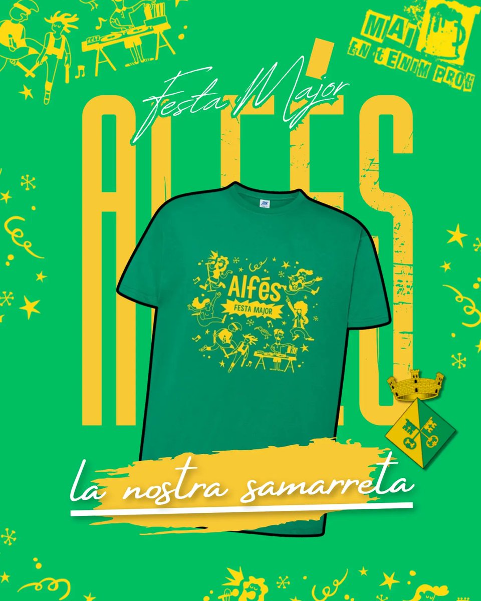 CEAlfes's tweet photo. SAMARRATES FM | Ja estan disponibles les samarretes de la Festa Major. Per apuntar-se ho podeu fer a les piscines municipals del poble o via xarxes socials CE Alfés. El preu és de 10 euros  i el pagament es farà en efectiu al moment d'entrega, que serà a partir de l'1 d'agost. https://t.co/DepCOxymih