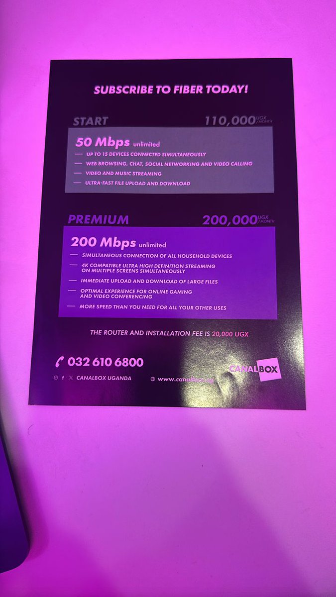 FrostProUg's tweet photo. Welcome to fast and reliable internet with Canalbox Fiber in Uganda. Choose from a variety of packages designed to meet your needs and budget. Stream, game, and work with ease. Learn more about their fantastic offers today #CanalBoxUG https://t.co/pxkz0Wv1wd