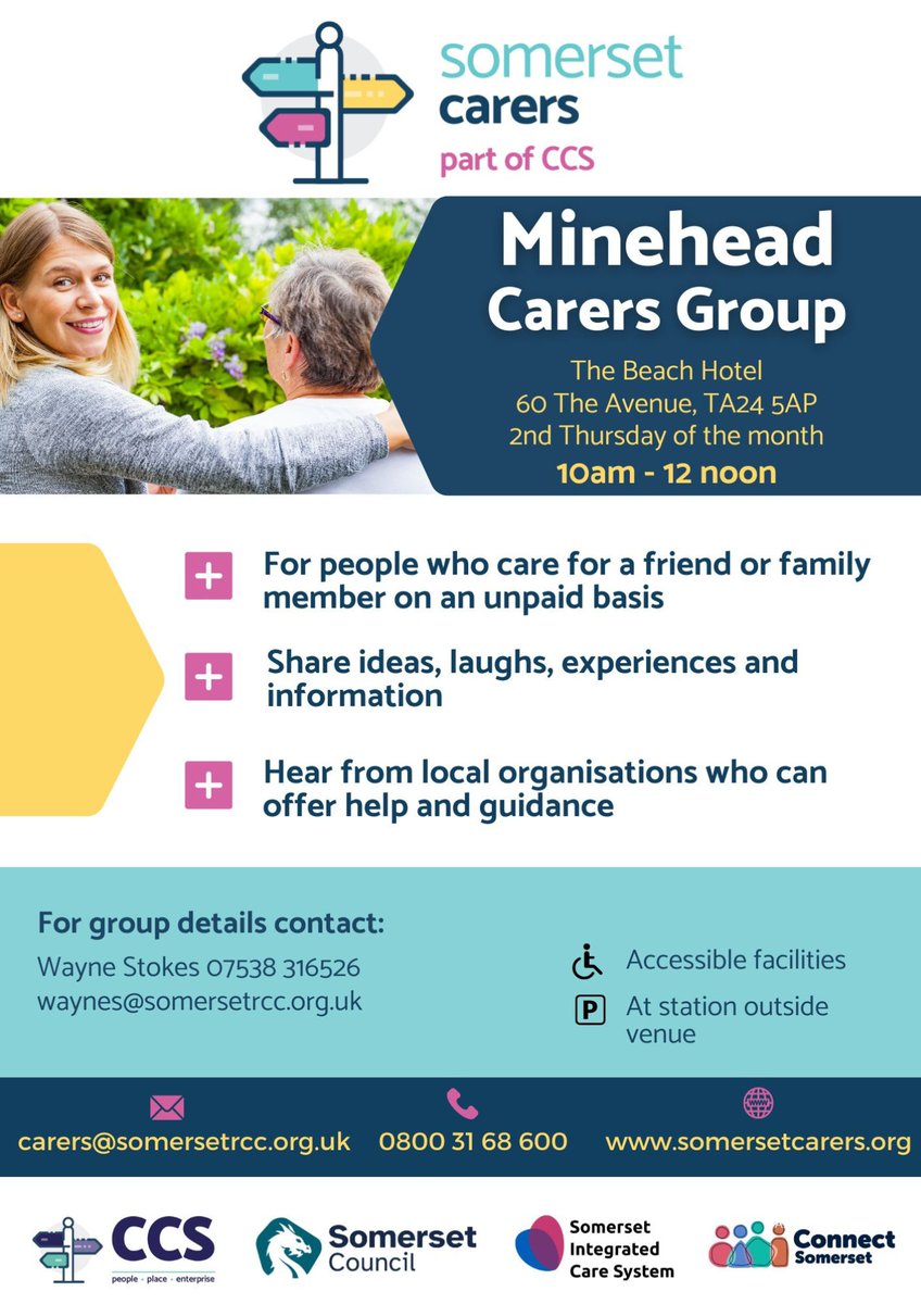 We'll be at The Beach Hotel in Minehead for our Carers get-together tomorrow morning from 10am. If you're an unpaid Carer, you're welcome to join us for a cuppa and a chat. 

#SomersetCarers #CarersGroup #Minehead