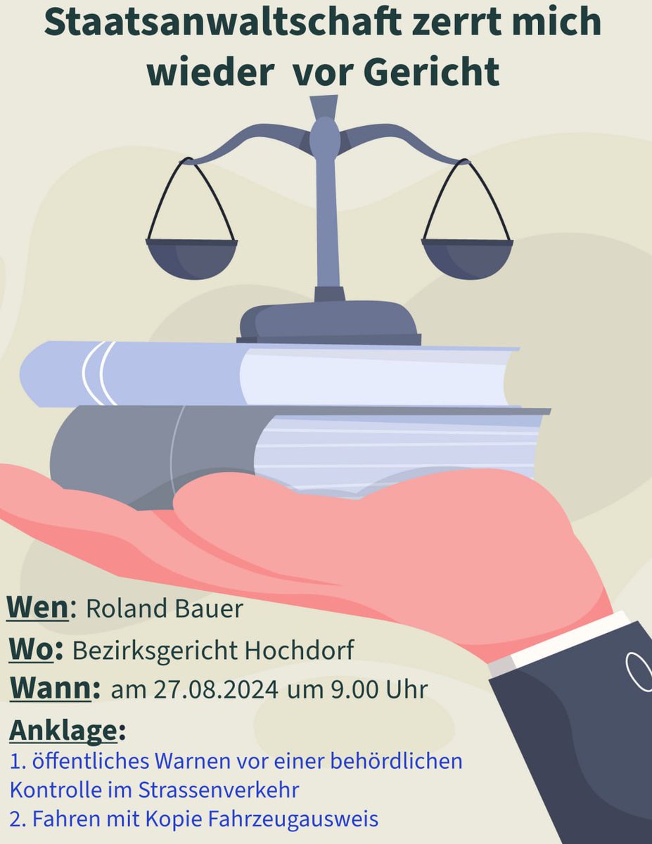 StandPunkt_News's tweet photo. Aufruf Gerichtsverhandlung-Support 

«Nach den zwei staatlichen Kriminalisierungen im Juni 2022 aus dem Nichts und mit Nichts wegen «Nicht Maske Tragen» mit meinen damals 1- und 3-jährigen Söhnen während der Plandemie, will diese Schweizer Willkür-Justiz in diesem vorliegenden RECHTSBANKROTT weiter systemkritische Bürger wie mich kriminalisieren und mich mit einer vollkommen unverhältnismässigen Anklage (siehe Strafbefehl) vor Gericht zerren!!!» 

Beschuldigter: Roland Bauer 

Vorwurf siehe Flyer 

Gericht:
Bezirksgericht Hochdorf
6280 Hochdorf
Bellevuestrasse 6
Gerichtssaal 1 (Parterre) 

Hoffentlich bist Du dabei! 

Anmeldung zwingend beim Bezirksgericht Hochdorf via Mail unter: bezirksgericht.hochdorf@lu.ch 

Inhalt der Anmeldung:
-------------
Ich melde mich an für die Gerichtsverhandlung
3Q3 24 11 
Roland Bauer
am 27.08.2024 

Name: xx
Vorname: xx 

Ich danke Ihnen im Voraus für die umgehende Bestätigung meiner Anmeldung.
_ _ _ _ _ _ _ 

Anmerkung:
Wer ohne Anmeldung kommt, erhält möglicherweise keinen Zutritt, weil Plätze schon vergeben sind oder der Saal nicht gross genug gewählt wurde.

Ich bevorzuge die Anwesenheit von gleichgesinnten Menschen aus der Bewegung. Diese Unterstützung gibt mir Kraft. 
Bitte ohne Plakate, T-Shirts mit Slogan o. ä. auftreten und keine Parolen rufen. Ruhige, aufmerksame Anwesenheit an der Gerichtsverhandlung unterstützt mich am besten. 

Bist Du dabei? Es würde mich sehr freuen... 

Herzlichst 
Roland Bauer 

BITTE TEILEN, DANKE 

—— 

Wir sind das Virus und höchst ansteckend.
Du entscheidest, ob Du die Angst nährst oder den Willen zum Mut stärkst und die Tatsachen verbreitest! 

-> Sei Dir bewusst, die Veränderung beginnt bei Dir selbst!
-> Kommuniziere, hinterfrage, recherchiere und verschaffe Dir ein eigenes Gesamtbild!
-> Vernetze Dich und komm in die Aktion! 

Weitere Kanäle von StandPunkt:
Telegram https://t.co/Cht5EAFzBf