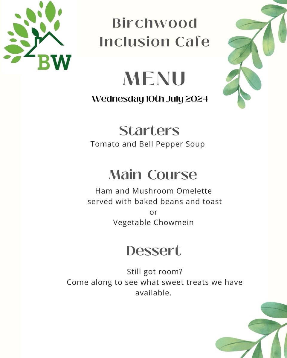 Welcome to Birchwood's Café. 

Every Wednesday at the Tanhouse Community Centre.

Our café is open to all.

Allergen Notice:

Should you have any allergens, dietary needs or Q's for our menu.
Please ask a member of staff for details.