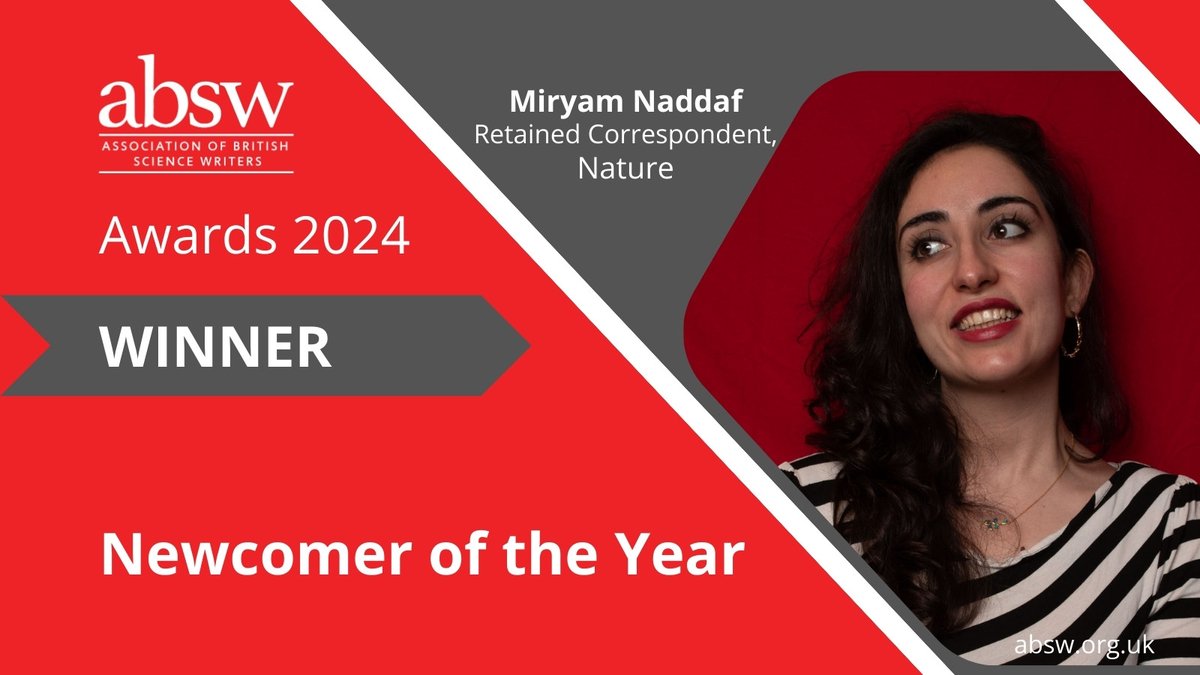 #ABSWawards
🏆 Newcomer of the Year
<a href="/MiryamNaddaf/">Miryam Naddaf</a>  Retained Correspondent <a href="/Nature/">nature</a>   
🔗nature.com/articles/d4158… 
🔗nature.com/articles/d4158… 
🔗nature.com/articles/d4158…
All winners here 👉 absw.org.uk/pages/absw-awa…
