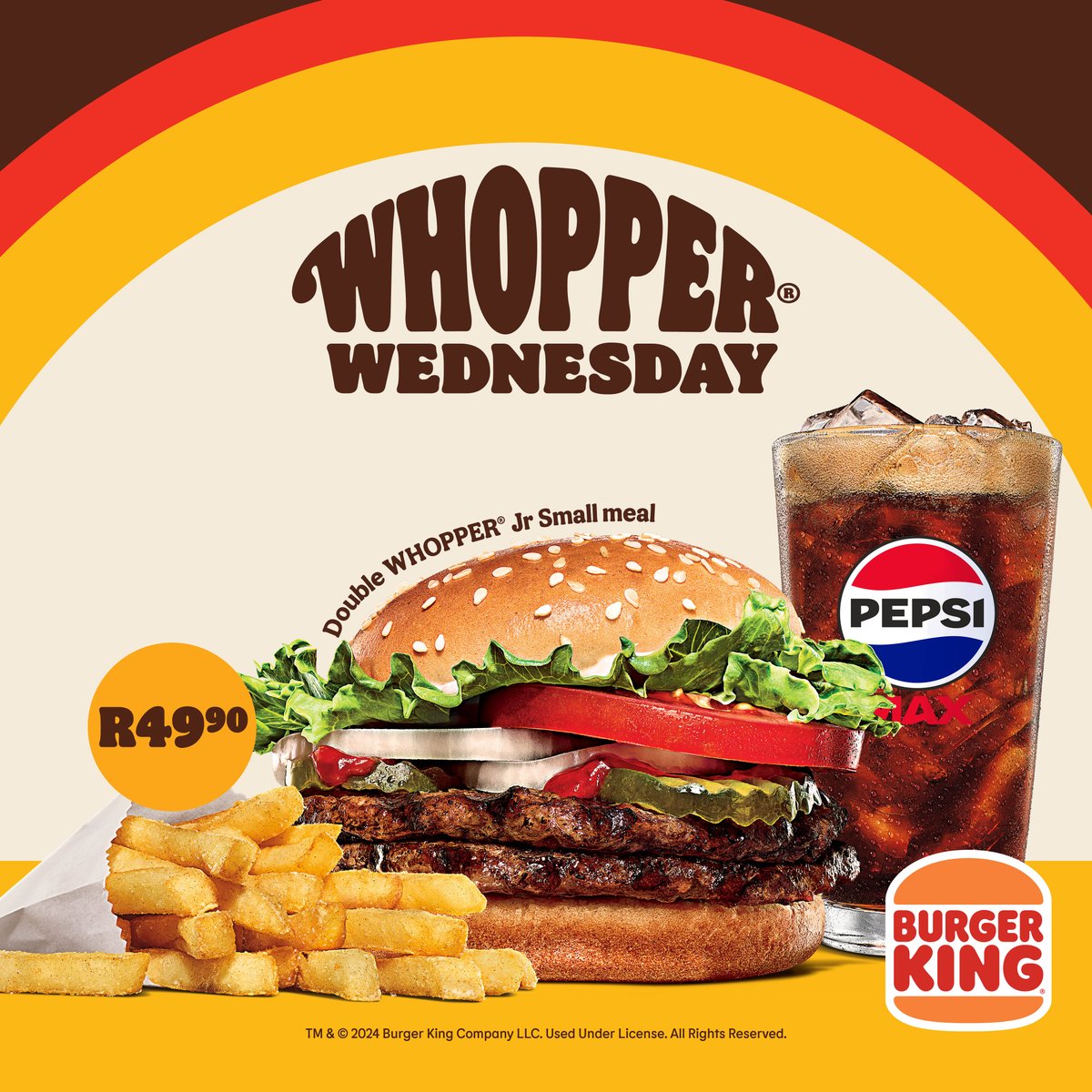 BurgerKingZA's tweet image. This one is for the SMALL MEAL lovers...try our Double Whopper Jr Small Meal for only R49,90 this Whopper Wednesday, and let us know how in STORIES just how good it tastes &amp;amp; you could win a FREE Whopper on us! #valuemeal #premiumtaste #foreverybudget #whopperwednesday