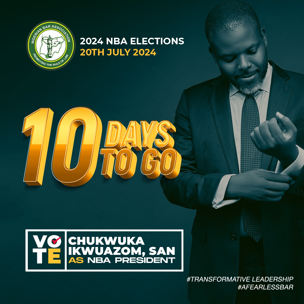 With just 10 days left until the Nigerian Bar Association Election, I am excited to emphasize that I aim to transform our Bar by prioritizing professional development, enhancing member welfare, and fostering a culture of ethical excellence.

 #Chuka4NBAPresident #CI2024