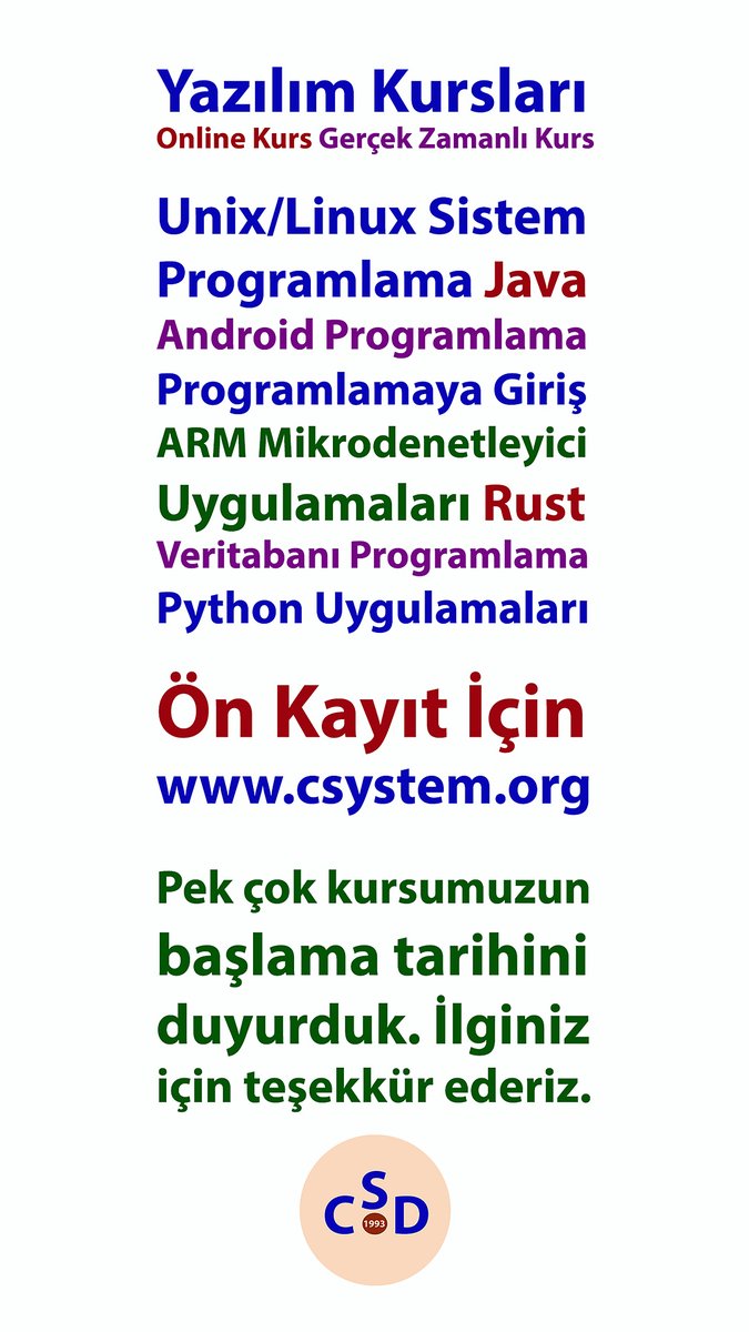 csdernek's tweet photo. #CSD #OnlineKurs #Başlıyor #ProgramlamayaGiriş #Java #ARMmikrodenetleyiciUygulamaları
#AndroidProgramlama #VeritabanıProgramlama #Rust #UnixLinuxSistemProgramlama #PythonUygulamaları
https://t.co/jUCTLrXWMP https://t.co/5fOL2MlpQ2
