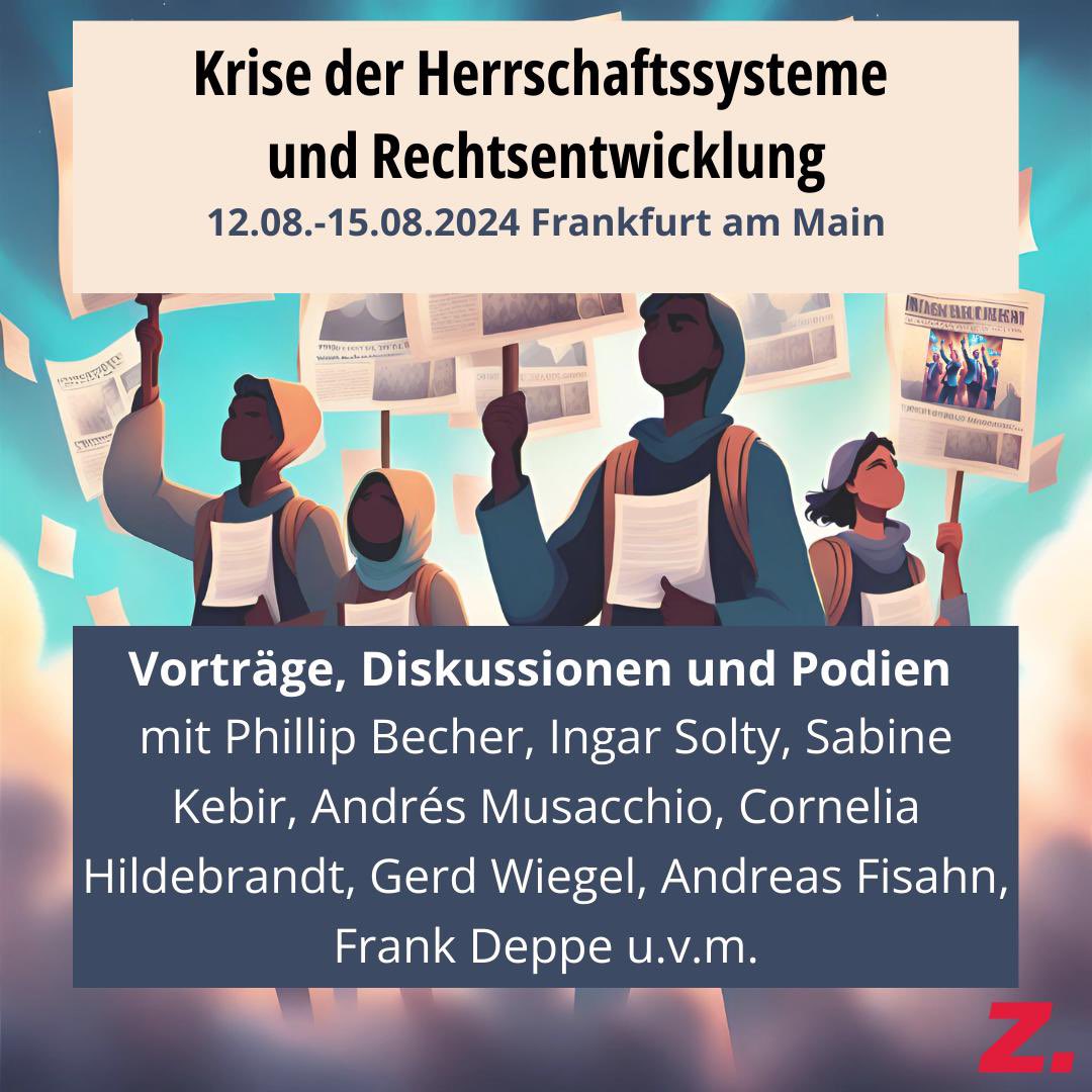 Vom 12.-15.08. findet unsere jährliche #MarxistischeStudienwoche in Frankfurt statt. Diesmal zur Krise der Herrschaftssysteme und Rechtsentwicklung. 
Anmeldung ab jetzt möglich. 
Programm im 🧵