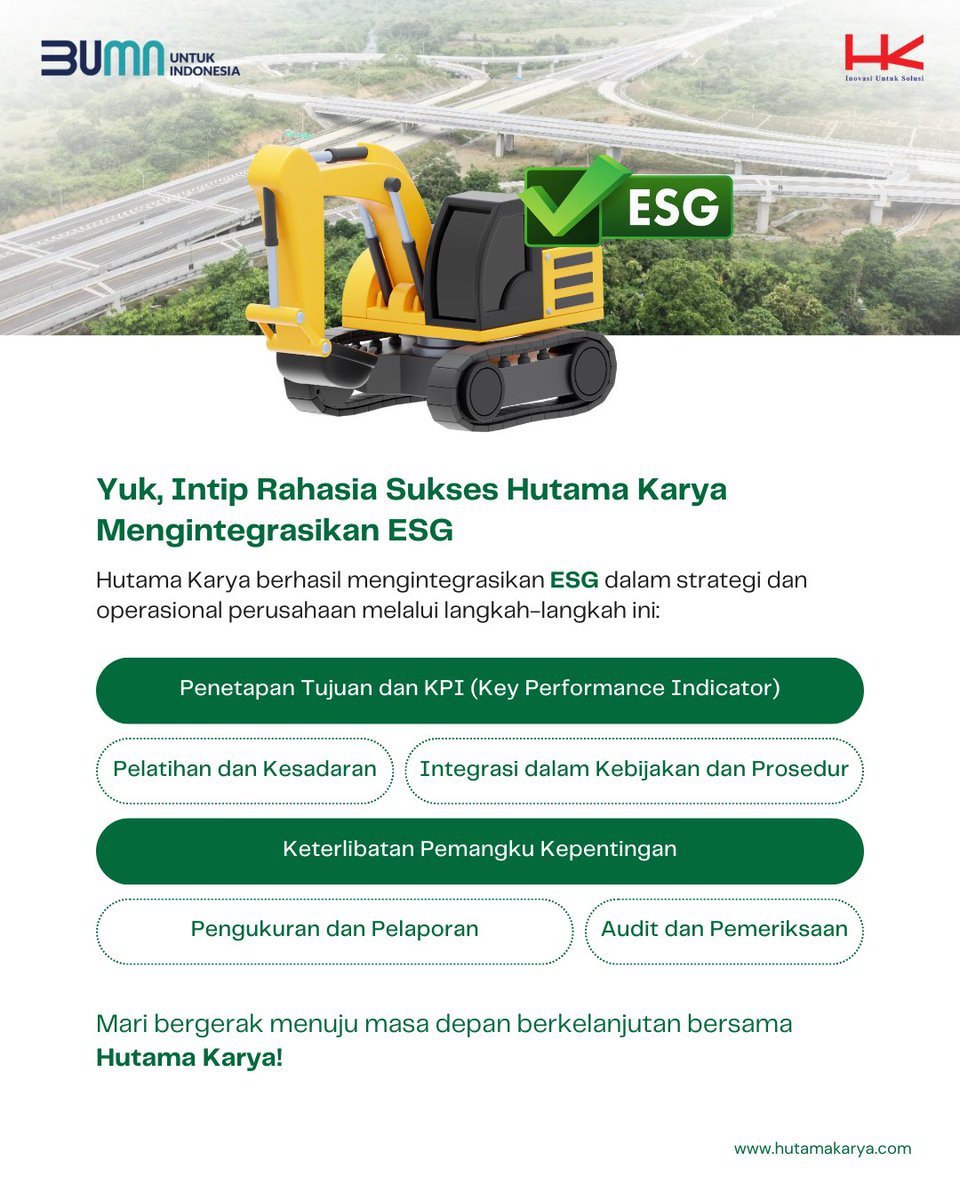 HutamaKarya's tweet photo. Hai, #InfraBuddies! Penasaran bagaimana prinsip ESG diterapkan dalam industri konstruksi? 🌍✨

#HutamaKarya #ESGHutamaKarya #IMVID https://t.co/8L5qTeCtqd