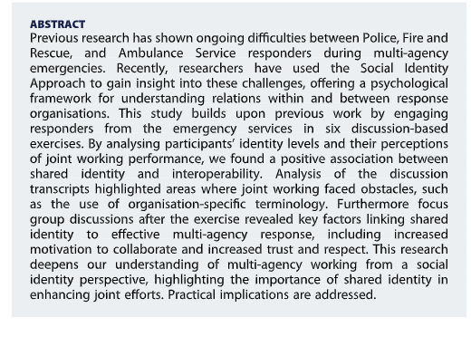 John Drury (@profjohndrury) on Twitter photo 'Exploring the relationship between shared identity and interoperability: a mixed methods analysis of discussion-based multi-agency emergency response exercises'
New from <a href="/loudavidson07/">Louise Davidson</a>
Please share.
tandfonline.com/doi/full/10.10… 'Exploring the relationship between shared identity and interoperability: a mixed methods analysis of discussion-based multi-agency emergency response exercises'
New from <a href="/loudavidson07/">Louise Davidson</a>
Please share.
tandfonline.com/doi/full/10.10…
