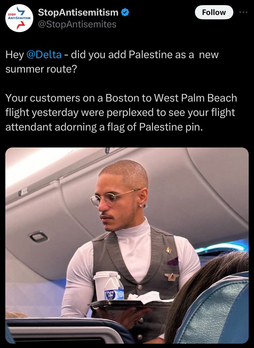 SuppressedNws's tweet photo. This page is endangering the life of @Delta employees by inciting against them for simply wearing Pins to show solidarity with Palestine. 

This is conflating antisemitism with their rights. 

Why is this page allowed to dox and threaten the safety of people and employees? https://t.co/Zk8OzQW0UK