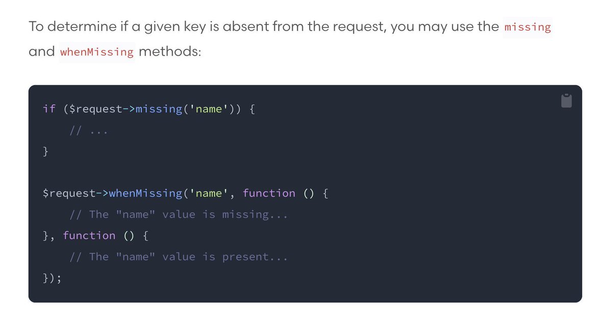 PovilasKorop's tweet image. Laravel tip from the docs.
To check if the input is present in `$request`, did you know there are SO many methods?
- has()
- hasAny()
- whenHas()
- filled()
- missing()
laravel.com/docs/11.x/requ…
#readLaravelDocs