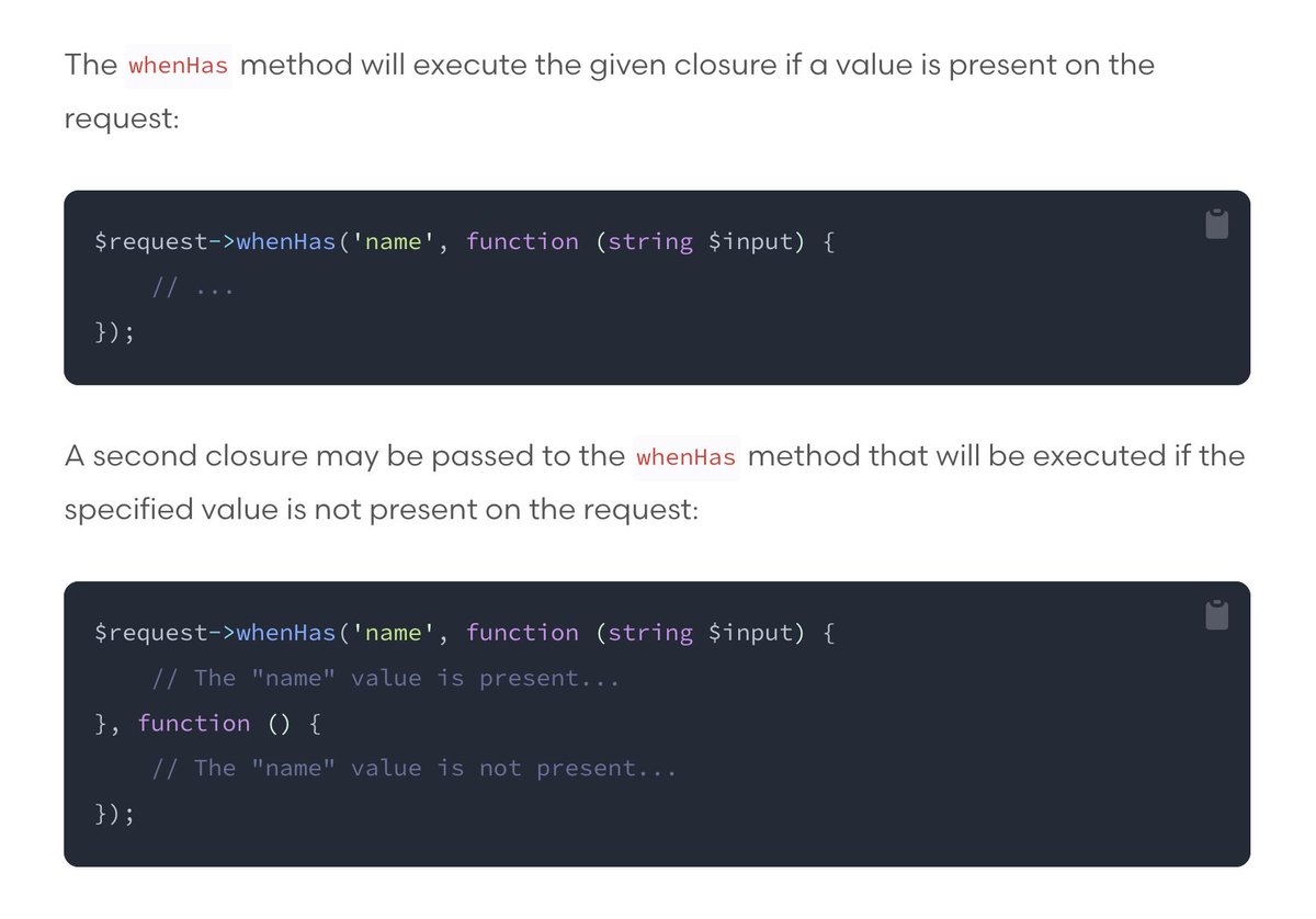 PovilasKorop's tweet image. Laravel tip from the docs.
To check if the input is present in `$request`, did you know there are SO many methods?
- has()
- hasAny()
- whenHas()
- filled()
- missing()
laravel.com/docs/11.x/requ…
#readLaravelDocs