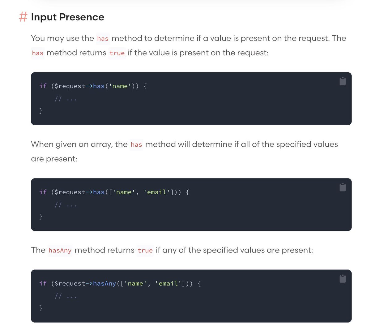 PovilasKorop's tweet image. Laravel tip from the docs.
To check if the input is present in `$request`, did you know there are SO many methods?
- has()
- hasAny()
- whenHas()
- filled()
- missing()
laravel.com/docs/11.x/requ…
#readLaravelDocs