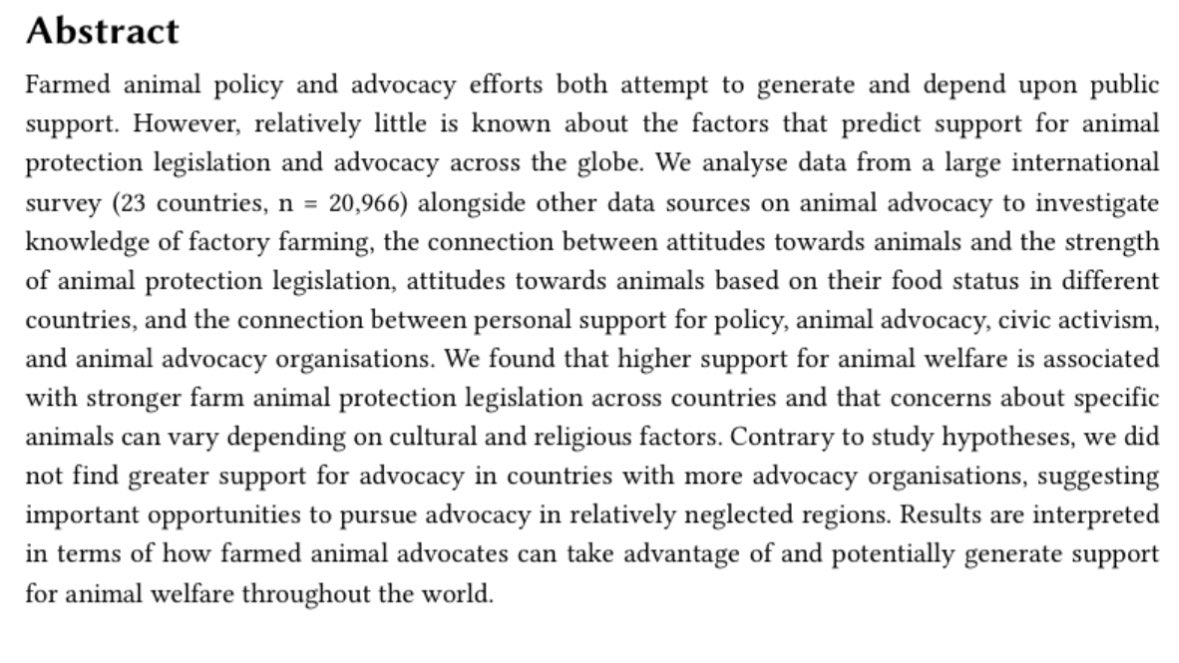 New research in PHAIR shows that higher support for animal welfare is associated with stronger farm animal protection legislation across countries. Concerns about specific animals can vary depending on cultural and religious factors
@SirChrisBryant et al
phair.psychopen.eu/index.php/phai…