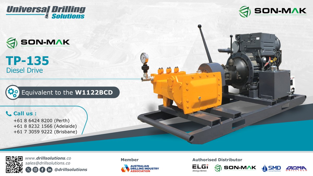 drillsolutions_'s tweet photo. The Son-Mak TP-135 Diesel Drive is equivalent to the W1122BCD American Manufacturing pumps, with a maximum flow rate of 135 liters/min at 70 bar pressure.

Register your interest! 
sales@drillsolutions.co

#sonmak #tp135 #dieseldrive #pumps #australia #Africa https://t.co/PlrJcI1QNE