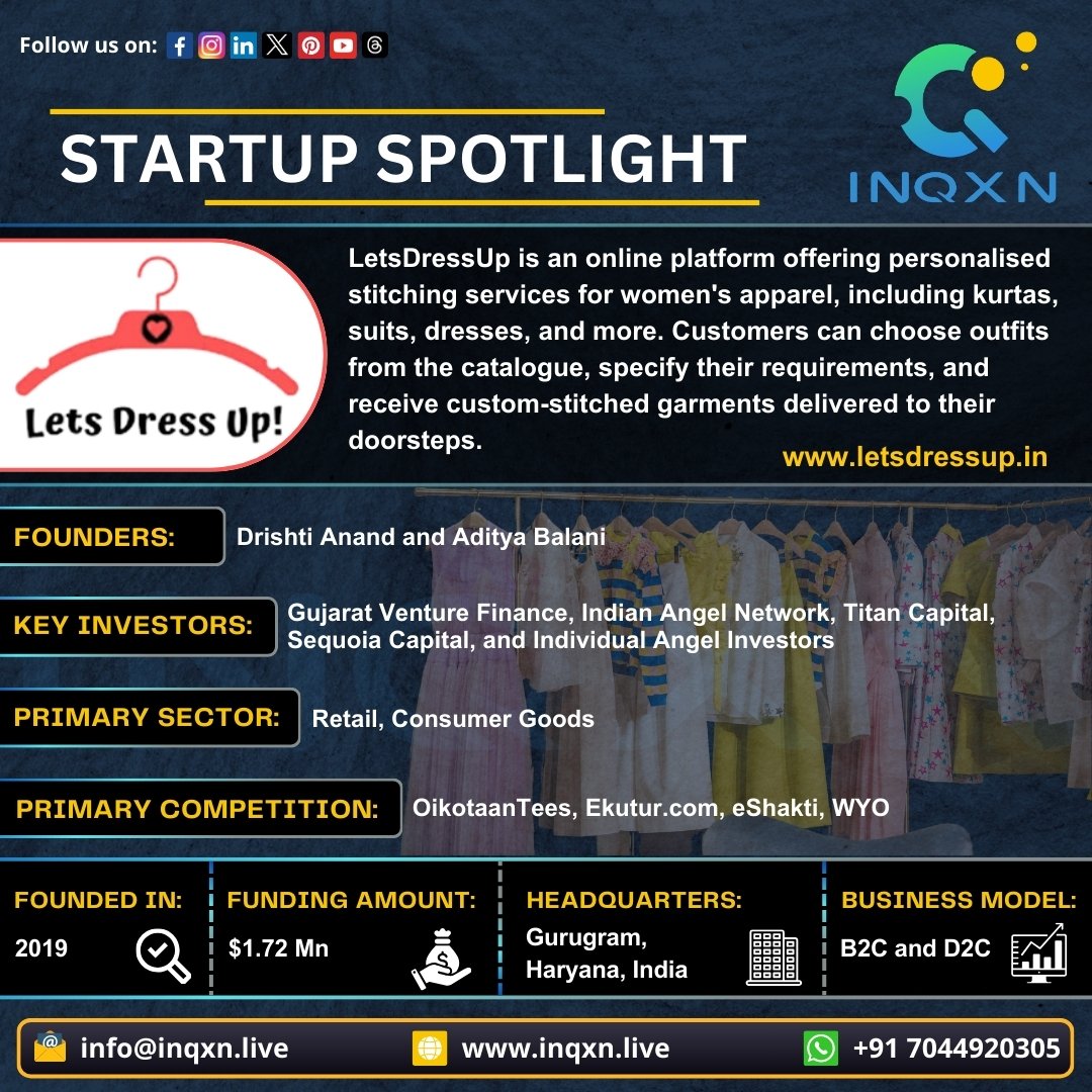 inqxn_live's tweet photo. 🌟 LetsDressUp: Where confidence gets custom-made! 👗Join us in celebrating LetsDressUp’s innovative approach to personalised fashion and its impact on the retail sector! 🌟
#INQXN #StartupSpotlight #LetsDressUp #FashionTech #PersonalizedFashion #CustomStitching #B2C #D2C https://t.co/QSzwwIaOri