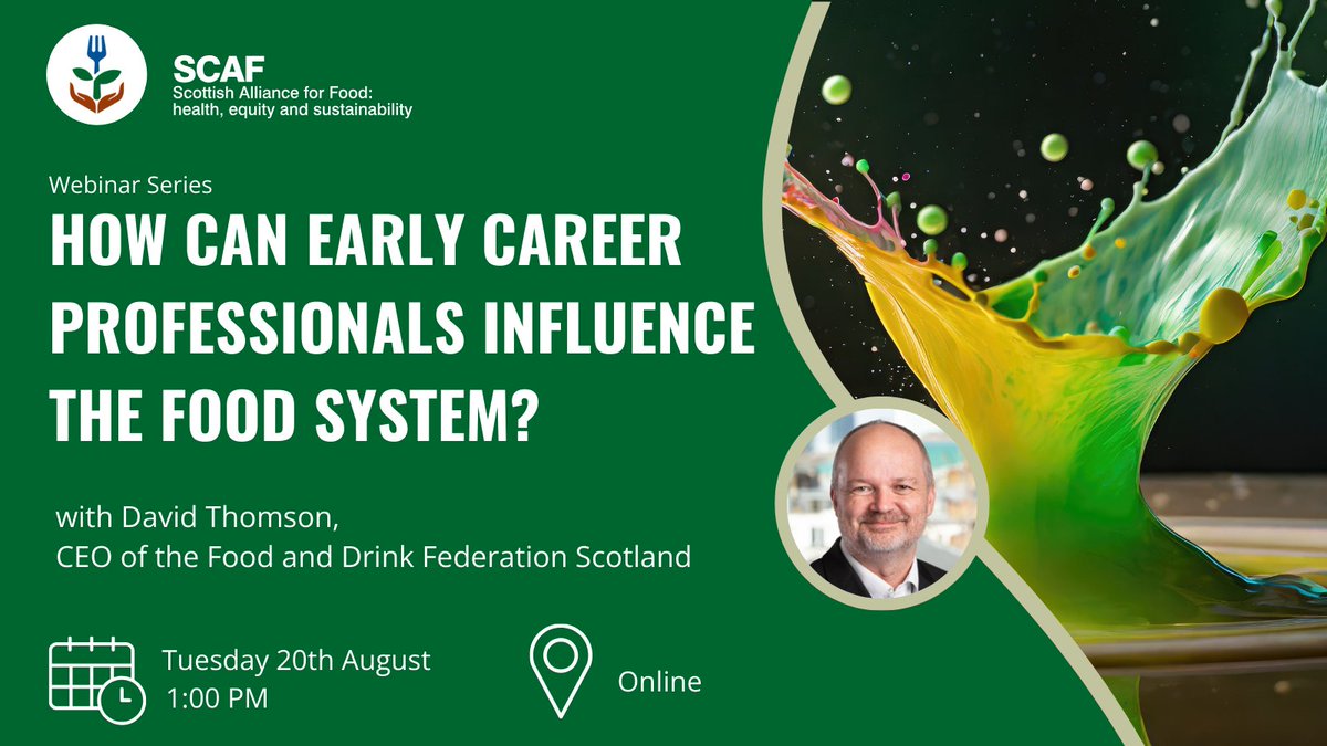 Scottish Alliance for Food (SCAF) (@scaf_arc) on Twitter photo ๐ข Early career professionals! Learn how you can influence the food system with <a href="/David_FDFScot/">David Thomson</a>, CEO of <a href="/FDFScotland/">FDFScotland</a>, as he shares his experience as a government official heading up food policy ๐ก
๐
Tues 20th Aug, 1pm
๐ Online
Register here ๐ bit.ly/3xNft0r ๐ข Early career professionals! Learn how you can influence the food system with <a href="/David_FDFScot/">David Thomson</a>, CEO of <a href="/FDFScotland/">FDFScotland</a>, as he shares his experience as a government official heading up food policy ๐ก
๐
Tues 20th Aug, 1pm
๐ Online
Register here ๐ bit.ly/3xNft0r