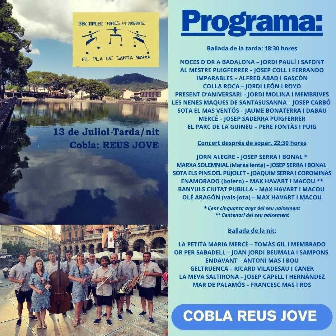 📗Apunteu a l'agenda
38è. Aplec "Aires Planencs"
13 de juliol de 2024.
18.30 h / 10.30 h
Parc de la Fàbrica
Pla de Santa Maria
<a href="/CoblaReusJove/">Cobla Reus Jove</a> 

<a href="/AjPlaSantaMaria/">ElPladeSantaMaria</a> <a href="/somsardana/">SomSardana</a>  #apelcssardanacatalunya