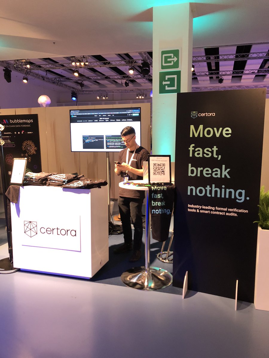 Certora's tweet photo. We’ve got swag! Stop by the booth for some fresh Certora merch - all day today and tomorrow @EthCC https://t.co/6QMjR2GzvA
