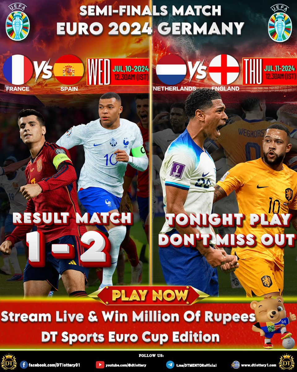 indiagamesvip's tweet photo. Dive into the excitement of the Euro Cup Germany 2024 Semi-Finals with DT Sports

🔗 Telegram : @dt_lotteryofficial
🎬 YT : @dtlottery
🌐 Website :  https://t.co/UJIUZzdLtm
#यौवन_सुरक्षा
#मनीषा_सांगवान
#indiagames
#dtlottery
#dtgames
#GalingDITOsaPalaro2024
#worldcup
#EURo2024 https://t.co/sdc6L3u1kv