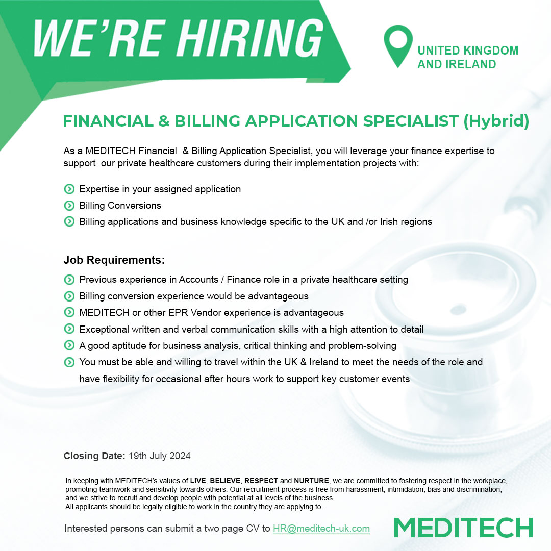 MEDITECH UK &amp; Ireland is looking for a Finance &amp; Billing Application Specialist to join our growing team! This post is open to applicants based in the UK &amp; Ireland.

Please reach out to the team at HR@meditech-uk.com for further information.

#jointheteam #MEDITECHcareers
