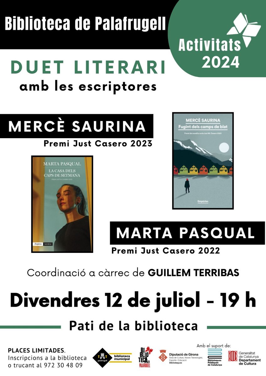 Ed_Empuries's tweet photo. 📢 Aquest divendres Marta Pasqual i Mercè Saurina, les dues últimes guanyadores del Premi Casero de novel·la curta, parlaran de les seves novel·les a la Biblioteca de Palafrugell. No us ho perdeu! @Llibreria22 @bibpalafrugell @MerceSaurina @mpasquall https://t.co/Qf406341zC
