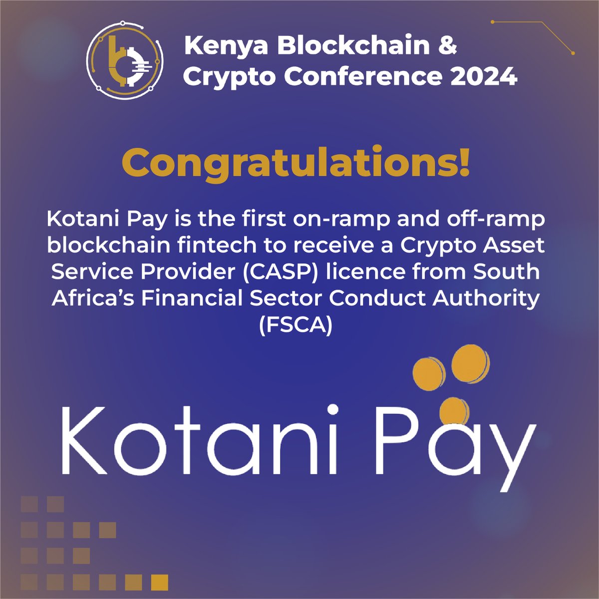 🥳Breaking News🥳

<a href="/kotanipay/">Kotani Pay</a> becomes the first on-ramp and off-ramp blockchain fintech to receive a Crypto Asset Service Provider (CASP) licence from South Africa’s Financial Sector Conduct Authority (FSCA). This is a huge win for the Web3 space as more users can find a secure