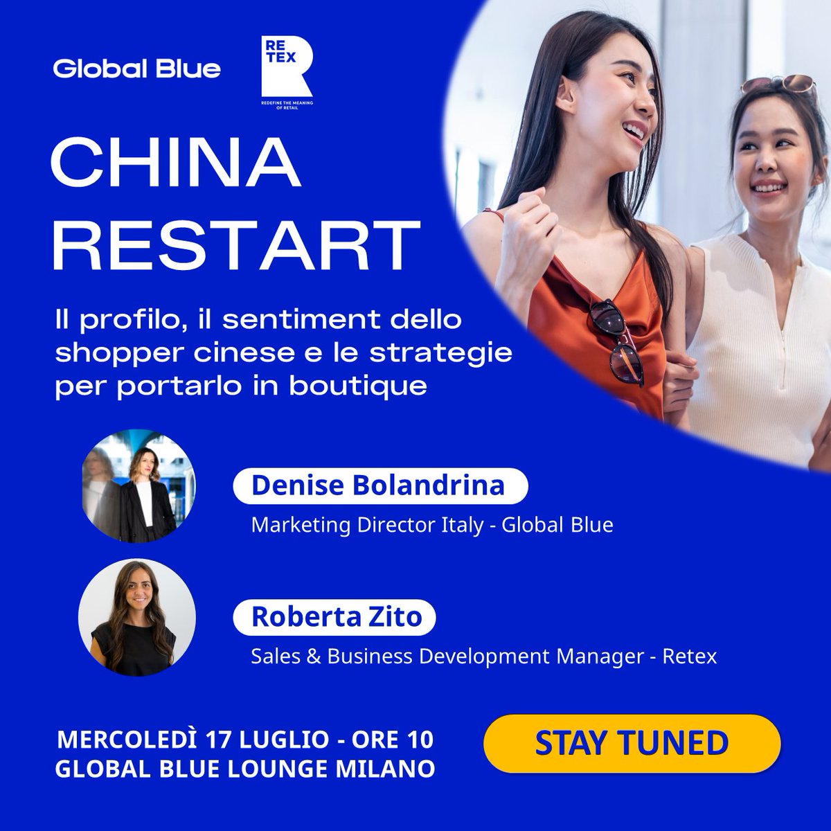 Tutti esauriti i posti in sala per il #ChinaRestart by <a href="/GlobalBlueGroup/">Global Blue</a> e #Retex. Il 17/07 forniremo un aggiornamento sul profilo dello shopper cinese, le mete europee preferite e le strategie migliori di #drivetostore per l'engagement del cliente in #boutique. #StayTuned #retail
