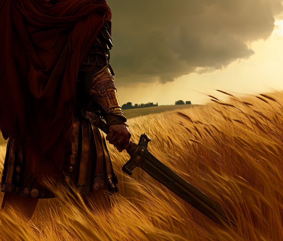 Amidst a stormy horizon, a lone warrior clad in ornate armor stands defiant, his crimson cloak billowing over golden wheat fields, sword at the ready. //Created by user R3plicant in #midjourney 

#midjourneyai #midjourneyart #leonardoai #stablediffusion #adobefirefly #digitalart