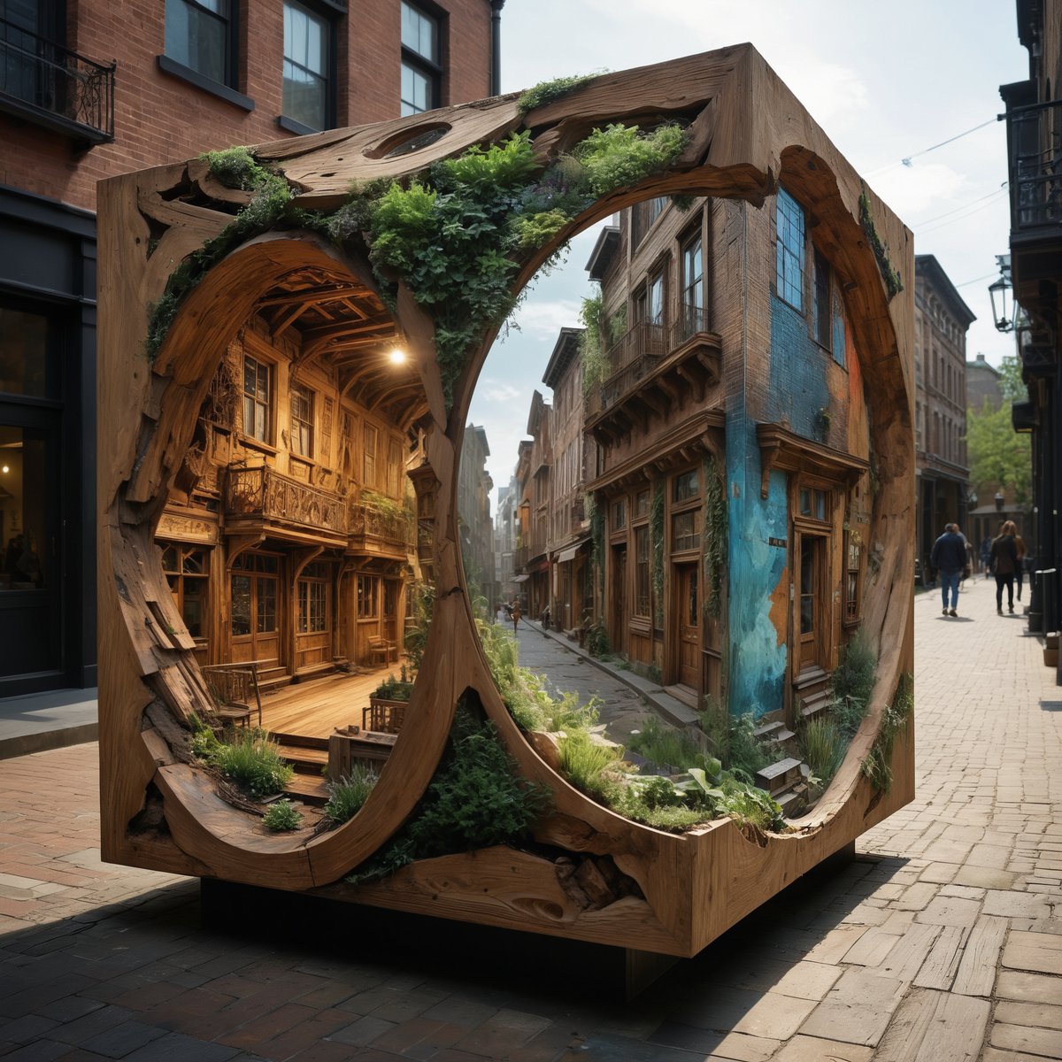 CyberGenixAi's tweet photo. Venture into a world where urban meets surreal as nature & architecture blend seamlessly in this mesmerizing wooden labyrinth. This isn't just art—it's a living piece inviting you to lose yourself in its intricate design #Cybergenix #Aiartoworks #MirrorReflections #aiartdaily https://t.co/iqA7tom8bS