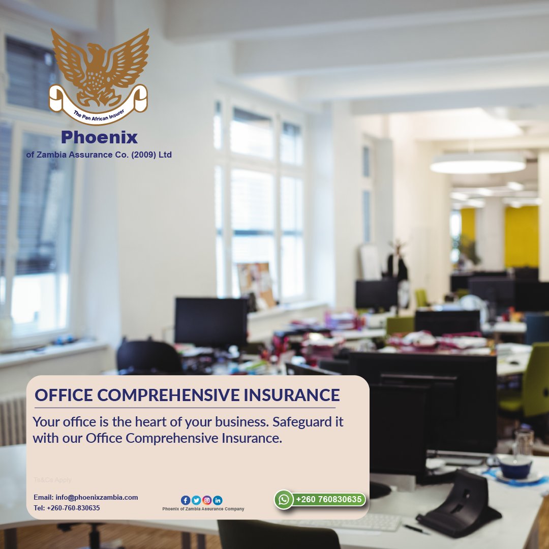 PhoenixZambiaCo's tweet image. Your office is the heart of your business. Safeguard it with our Office Comprehensive Insurance. 🏢🛡️ #OfficeProtection #BusinessSecurity #ComprehensiveCoverage

Contact us: Tel: +260760830635 or email: info@phoenixzambia.com
#phoenixzambia #insurances